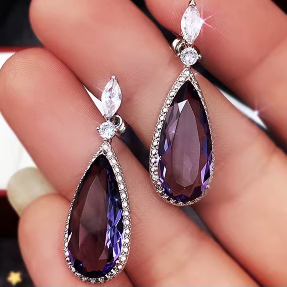 Sterling Silver Purple Amethyst Diamond Water Drop Teardrop Earrings